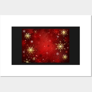 Red Background with Gold Snowflakes Posters and Art